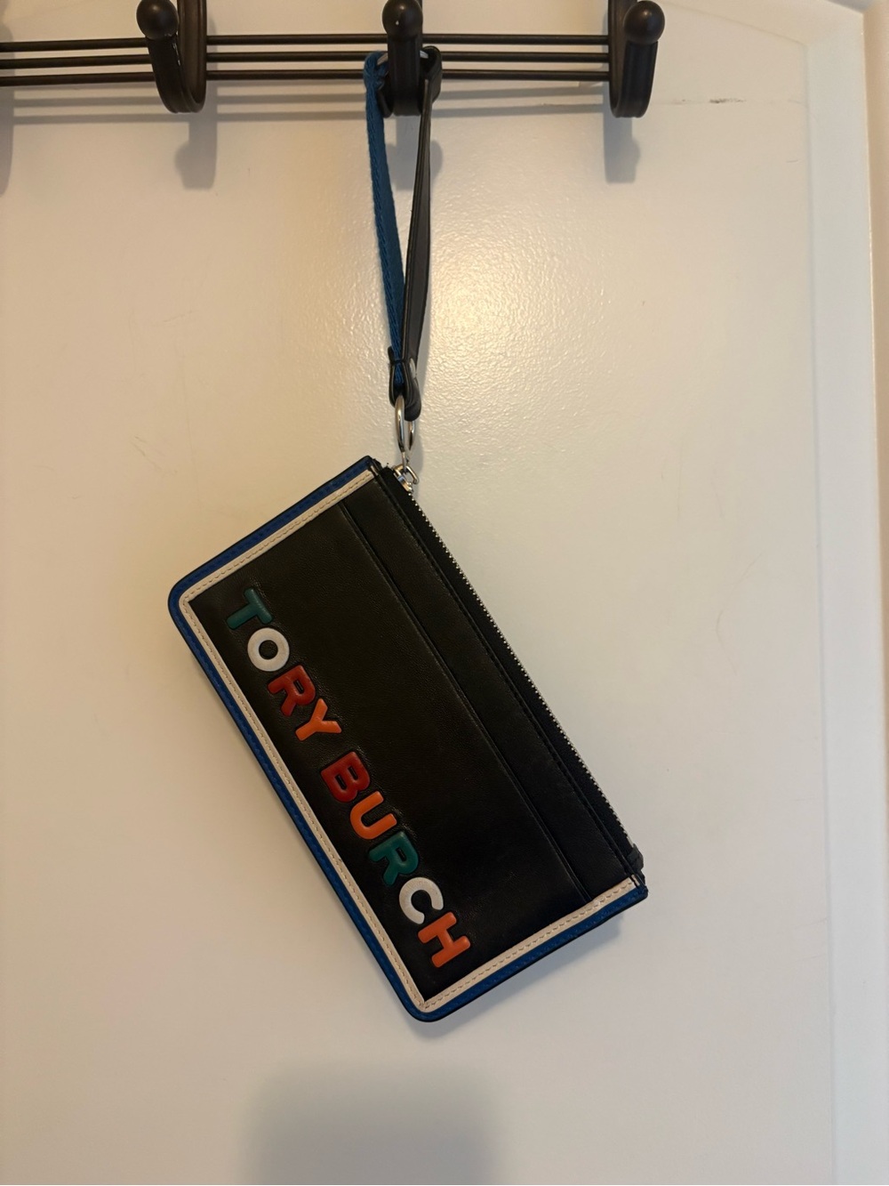 Tory Burch Black Leather Wristlet Wallet with Multicolor Logo